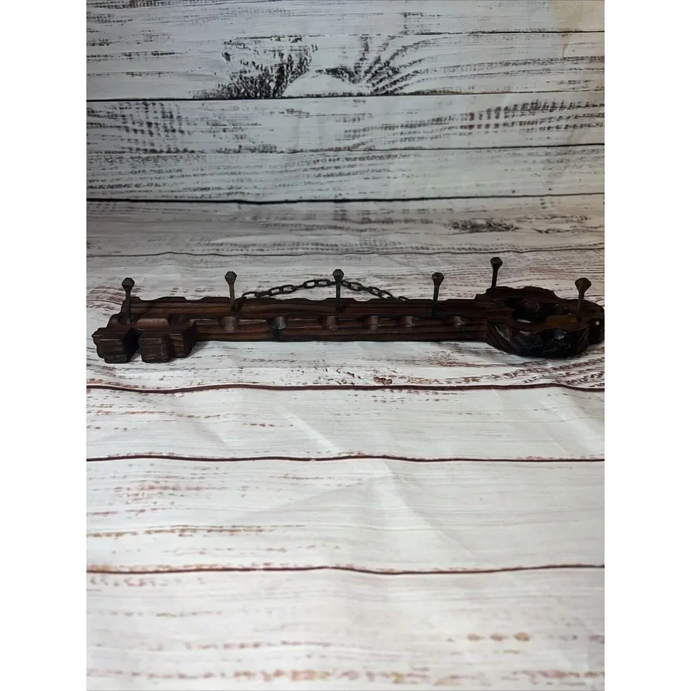 Rare‎ Vintage Hand Made Brown Wood Key Rack Wooden Primitive Chain Iron Hanging